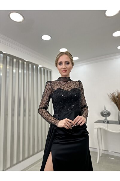 Rana Zenn Bead Detailed Night Satin Evening Dress with Transparent Skirt Train and Slit Black