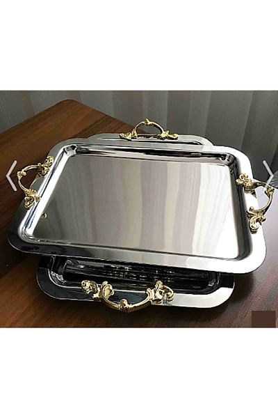 SeraSelin Quality Gold Handled Chrome Tray 16X23 Cm, Presentation Tray, Promise Engagement Tray with Coupon