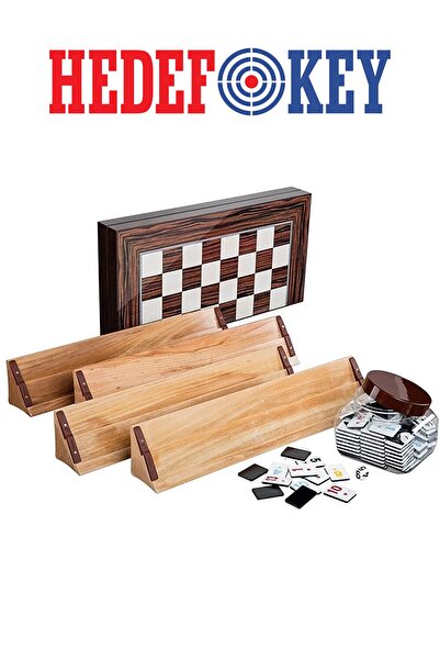 Hedef Ahşap Istaka Okey Takımı Siyah Beyaz Taş Plastik Pullu Tavla Set