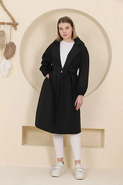 CNG MODA Belted Black Balloon Sleeve Trench