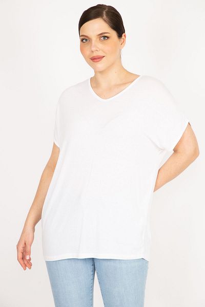 Şans Women's Plus Size White V-Neck Low Sleeve Blouse 65n23546