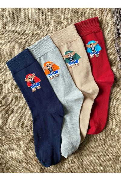 footmania Комплект от 4 чифта унисекс чорапи до глезена с плюшено мече (безшевни пръсти)