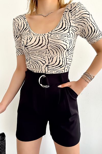 LACHT Women's U-Neck Short Sleeve Bone Zebra Pattern Blouse