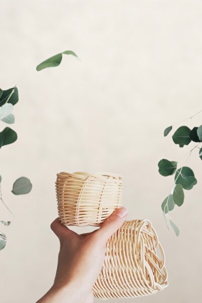 MİEN HOME Rattan Bambu Hasır Ikili Saksı 8x8
