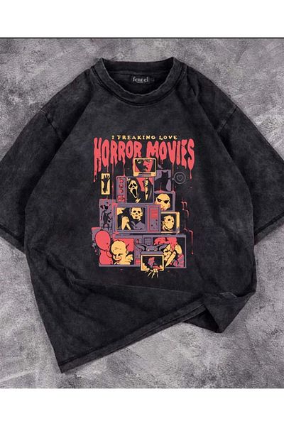 Touz Πλενόμενες ταινίες τρόμου τυπωμένο Unisex Oversize Vintage μπλουζάκι
