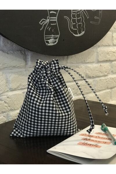 Sumicorn Design Siyah Pötikareli Çevre Dostu Bez Keten Büzgülü Ipli Düzenleyici Kese,hediye Kesesi,makyaj Çantası