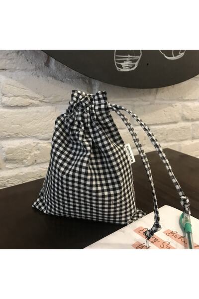 Sumicorn Design Siyah Pötikareli Çevre Dostu Bez Keten Büzgülü Ipli Düzenleyici Kese,hediye Kesesi,makyaj Çantası