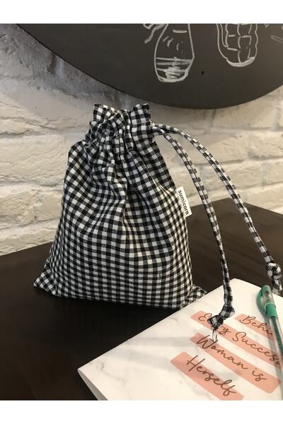 Sumicorn Design Siyah Pötikareli Çevre Dostu Bez Keten Büzgülü Ipli Düzenleyici Kese,hediye Kesesi,makyaj Çantası