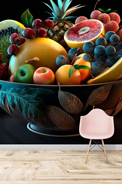 Dekoros Tek Parça 3d Kafe Salon Mutfak Yaprak Desenli Meyve Tabağı Poster Duvar Kağıtları