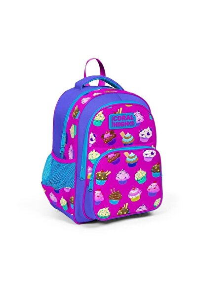 Coral High Pink Cupcake Patterned Three Compartment School Bag 23495