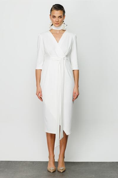 AYHAN Kadın Beyaz Kruvaze Bağlamalı Elbise