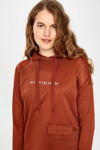 LC Waikiki Women's Burnt Orange Tunic Slogan Printed Hoodie from Your Fashion Style