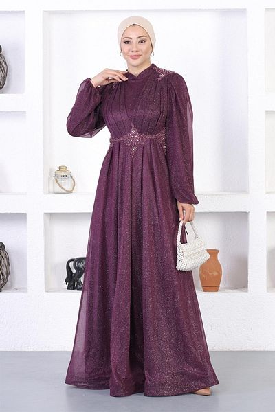 Modamihram Rochie de seara cu sclipici din dantela perla Prune 12252