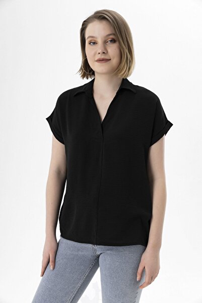 EtkiModa Γυναικείο μαύρο πουκάμισο γιακάς με διπλό μανίκι Aerobin μπλούζα