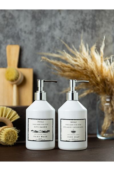 BÜYÜLÜ HOME Ασημένιο καπάκι 500ml Υγρό Σαπούνι - Πλαστικό Μπουκάλι με Ετικέτα Απορρυπαντικού Πιάτων 500 Ml 2 πλαστικό σαπουνάκι