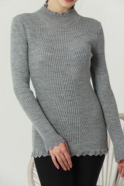 VEGENZE Women's Gray Sleeve and Collar Lace Ruffle Detail Half Turtleneck Knitwear Sweater