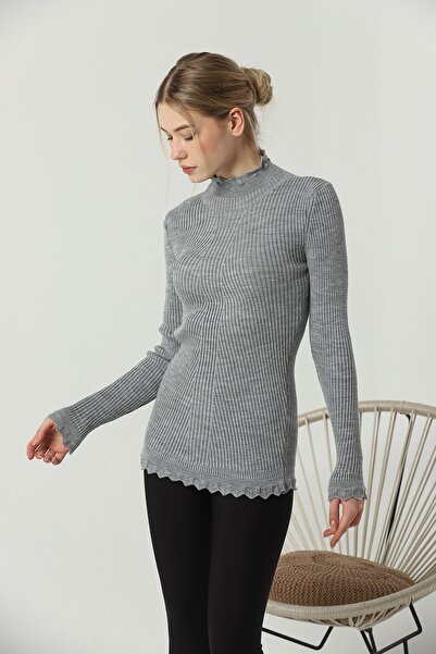 VEGENZE Women's Gray Sleeve and Collar Lace Ruffle Detail Half Turtleneck Knitwear Sweater