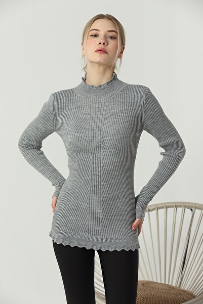 VEGENZE Women's Gray Sleeve and Collar Lace Ruffle Detail Half Turtleneck Knitwear Sweater