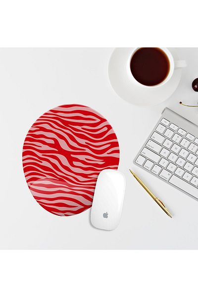 Özer Store Zebra Patterned Pink Red Oval Mouse Pad with Wrist Support