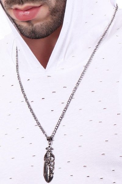 LABALABA Men's Metallic Anthracite Lacquer Plated Gothic Skull & Lucky Feather Symbol Pendant Necklace