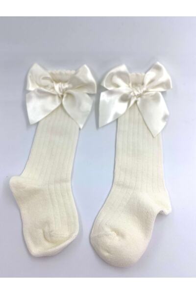 Burcu Atölye Kız Bebek Ekru Fiyonklu Diz Altı Çorap