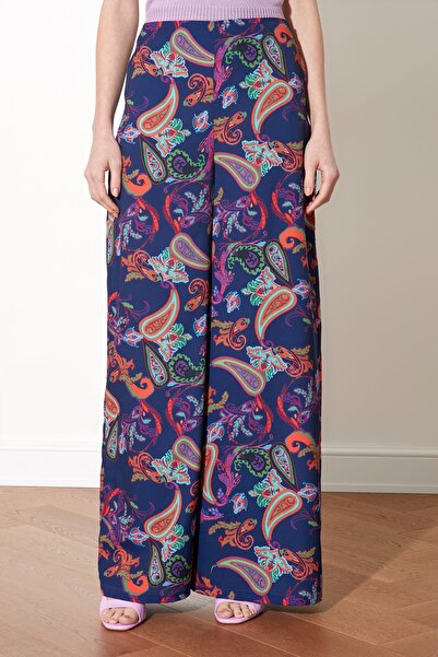 Trendyol Collection Sötétkék mintás széles szárú szőtt nadrág TWOSS19EH0137
