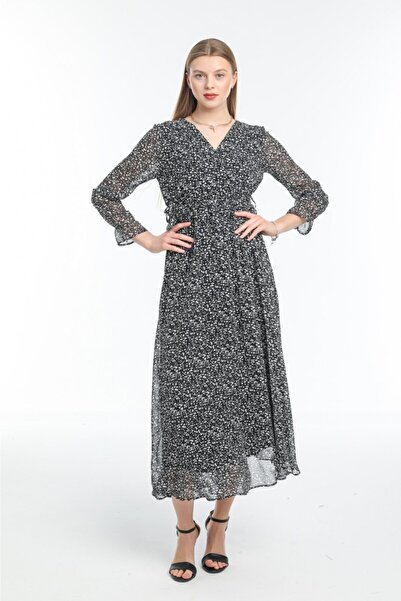 CİXAPLE Γυναικείο Μακρύ Φόρεμα Σιφόν με Μαύρο Φλοράλ Σχέδιο