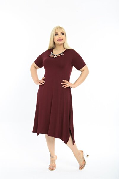 MJORA Rochie de damă de mărime mare cu guler vișiniu cu fantă de piatră