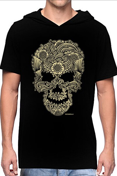 ROCKANDROLL Erkek Siyah Dövme Kurukafa Kapüşonlu Kısa Kollu T-shirt