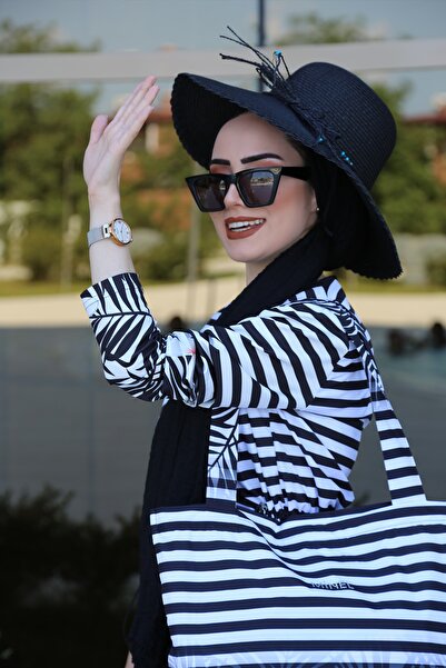 Minel Kadın Siyah-Beyaz Çizgili Tam Kapalı Tesettür Mayo 2'li Set