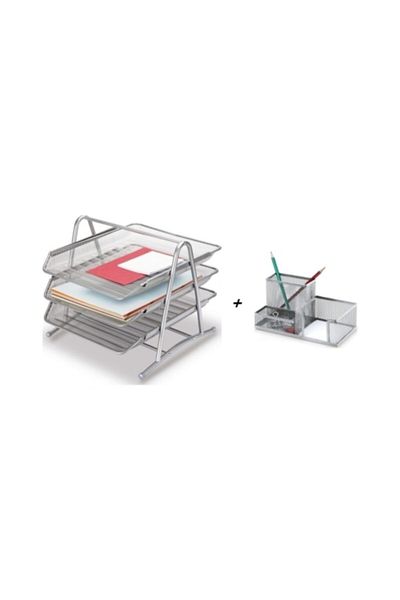 inox Document Rack Metal Mesh 3 Layers Silver Metal Mesh Combined Pen Holder