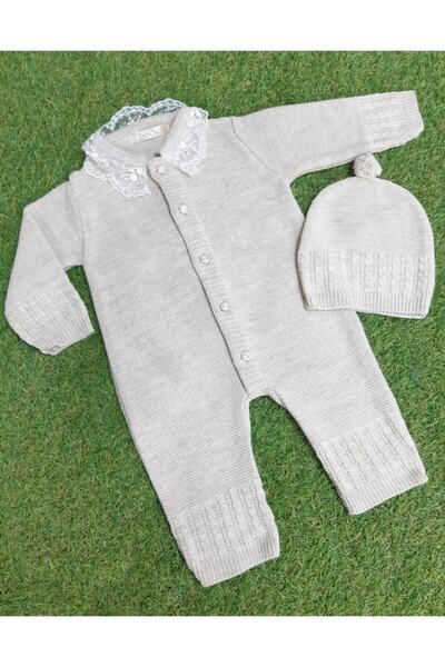 Sönmez Baby Kız Bebek Fisto Yaka Detaylı Triko Şapkalı  Tulum Takımı