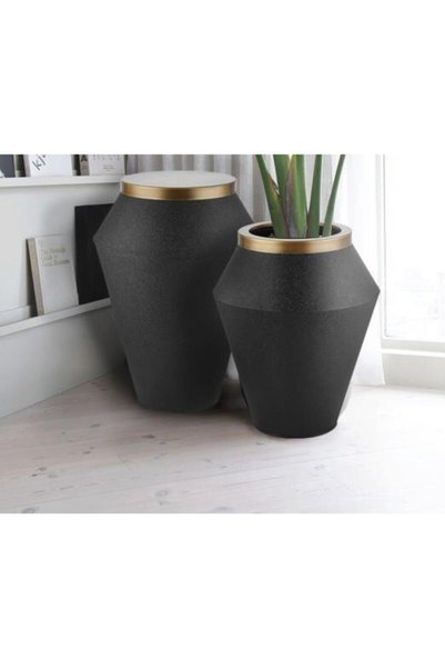 KOCHERHOME Dekoratif Eskitme Black Iki Set Sehpa + Saksı