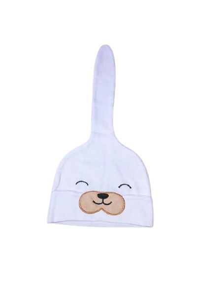 Kayra Baby Boy White Sleeping Bear with Tail Detailed Combed Cotton Hat