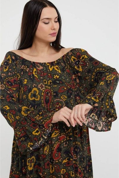 ZTO Ethnic Shawl Patterned Madonna Collar Spanish Dress