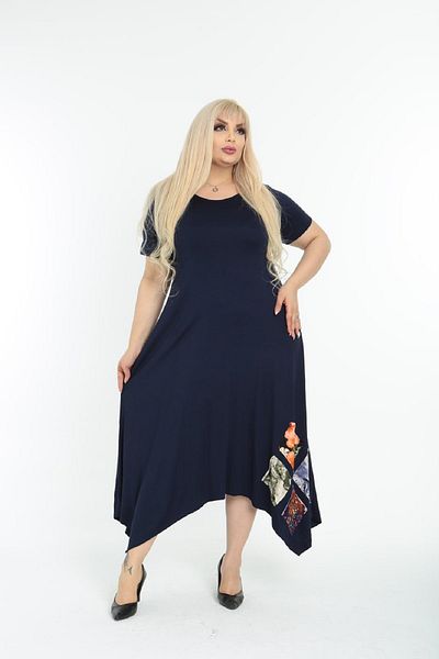 Şirin Butik Women's Navy Blue Asymmetrical Cut Patch Detailed Viscose Dress