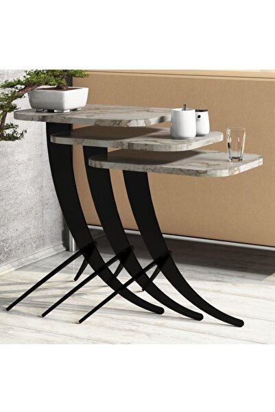 Variant Mobilya Pion Metal Ayaklı 3 Lü Zigon Sehpa - Mermer Beyaz