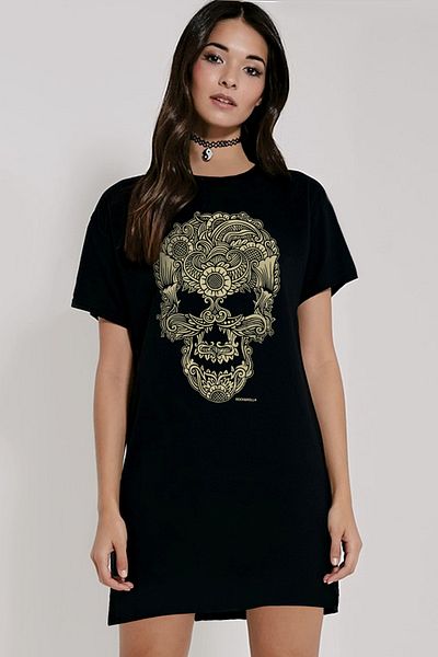 ROCKANDROLL Women's Black Tattoo Skull Short Sleeve Combed Cotton T-shirt Dress