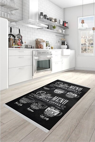 NaRStore Home Decoser 2095 Fincanlı Yazılı Siyah Beyaz Kaymaz Pamuk Tabanlı Y...