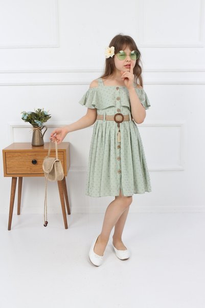 şımarık kids Children's Green Bag Halter Button Dress
