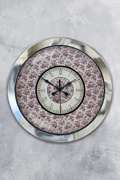 Kasva Concept Gift 36 cm Chrome Metal Purple Flower Wall Clock