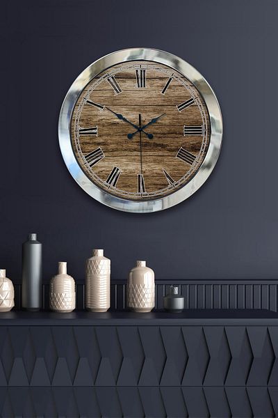 Kasva Concept Gift 36 cm Chrome Metal Wooden Look Wall Clock