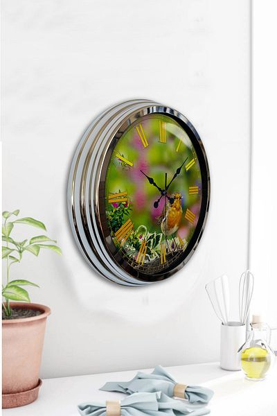 Kasva Concept Gift 40 cm Chrome Metal Wall Clock with Bird