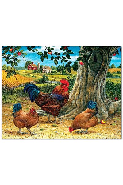 Cakatablo Ahşap Tablo Tavuk Horoz Elma Ağacı Ev Manzarası Görseli (50x70 Cm B...
