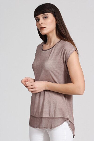 Seamoda Ανοιχτό καφέ γυναικείο μπλουζάκι - σιφόν λάδι που πλένεται, με την άκρη της φούστας PRA-236849-326973