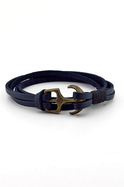 Solfera Men's Original Genuine Navy Blue Leather Anchor Bracelet BT377