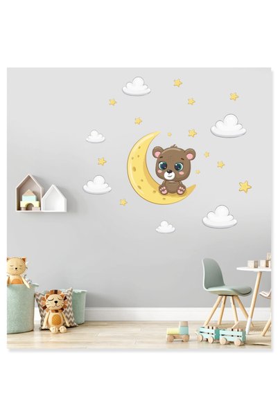 Sticker Sepetim Baby Bear Sitting on the Moon Clouds and Stars Children's Room Decorative Wall Sticker