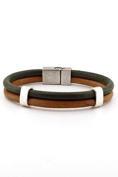 Solfera Men's Khaki Green and Tan Double Row Genuine Leather Bracelet BT335