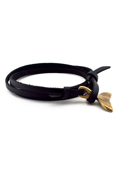 Solfera Men's Whale Tail Black Genuine Leather 3 Sira Wrap Bracelet BT363