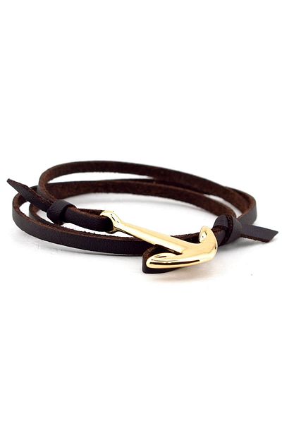 Solfera Men's Yellow Anchor Original Brown Leather Wrap Bracelet BT449
